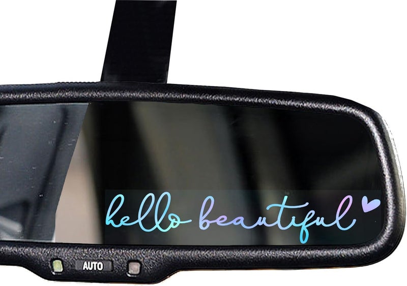 OFlyDesigns 2 x Hello Beautiful Car Mirror Decal, Affirmation Sticker, Rearview Mirror Decal, Tumbler Sticker, Water Bottle Stickers, Vinyl Tumbler Decal, New Car Decor, 4 inches (Holographic, Hello Beautiful) - Image 1